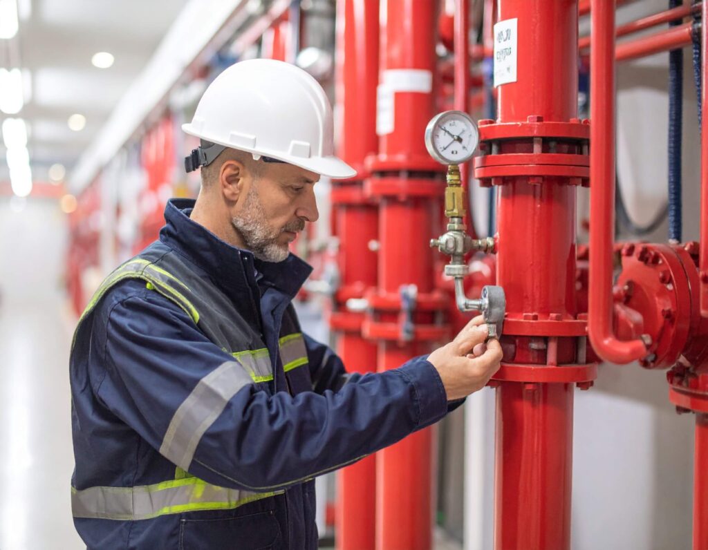 Technician inspecting a red plumbing system in an aged care facility for compliance and safety