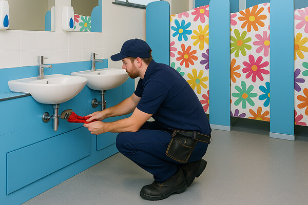 Plumber performing maintenance under a sink in a colorful childcare center bathroom