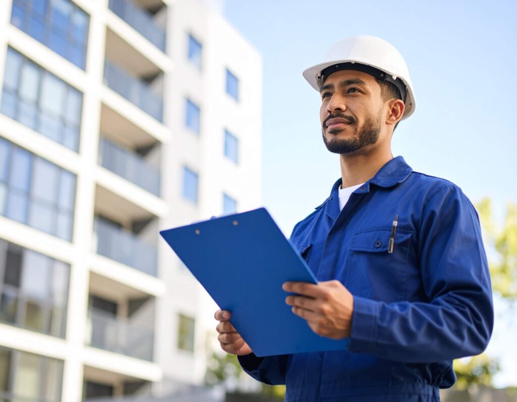 Plumber inspecting apartment building for compliance