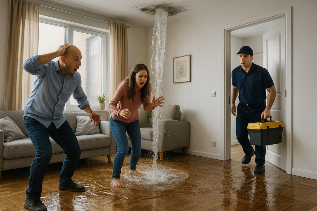 Plumber arriving to fix burst ceiling leak flooding