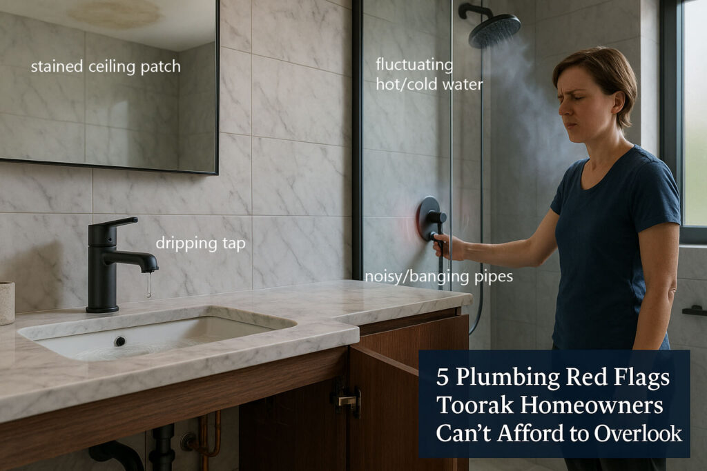 Homeowner noticing plumbing red flags like dripping tap, stained ceiling, and water issues in bathroom
