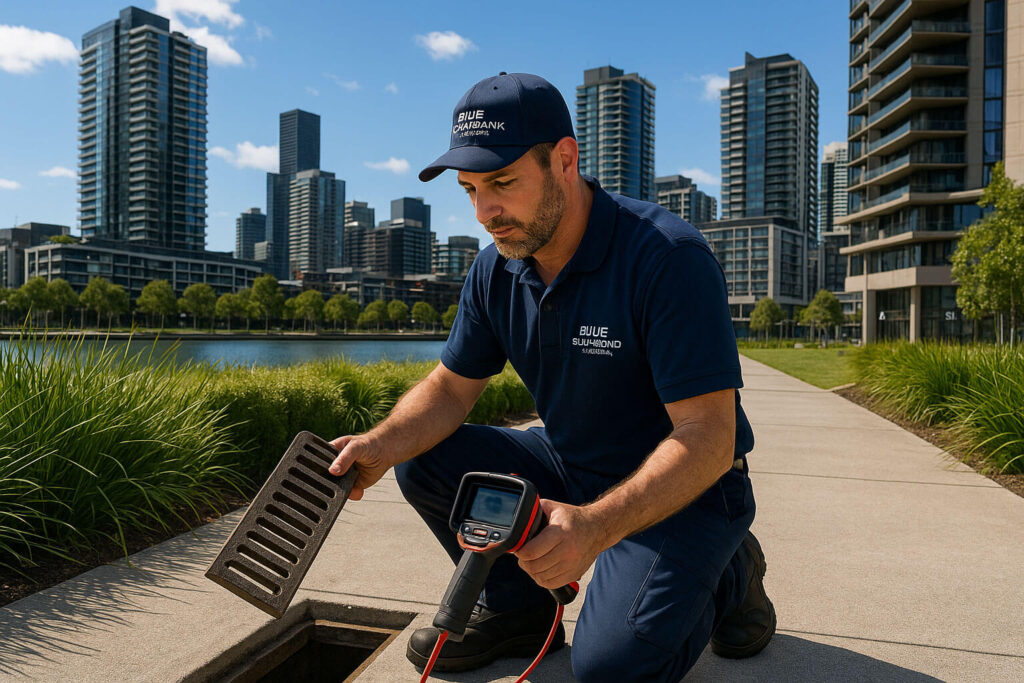 A plumber inspecting stormwater drain on the city