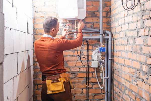 Plumber checking the pipes for continuous flow system heater