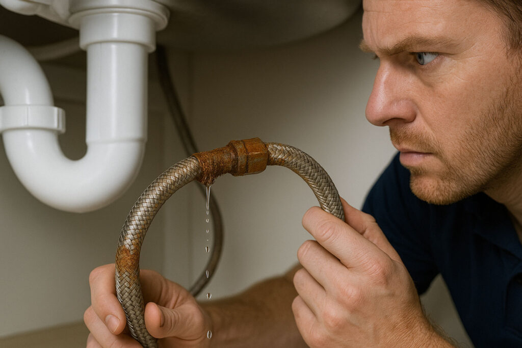 A plumber inspecting a rusted leaky pipe under the sink