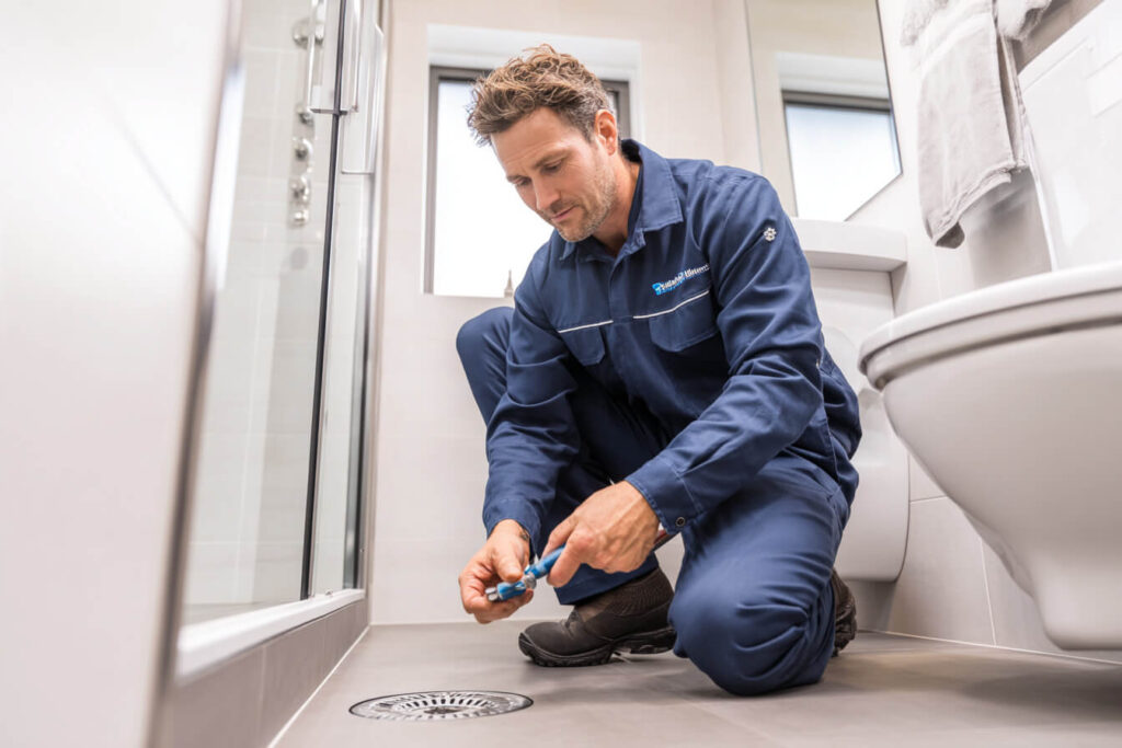 plumber fixing the blocked drain on the bathroom