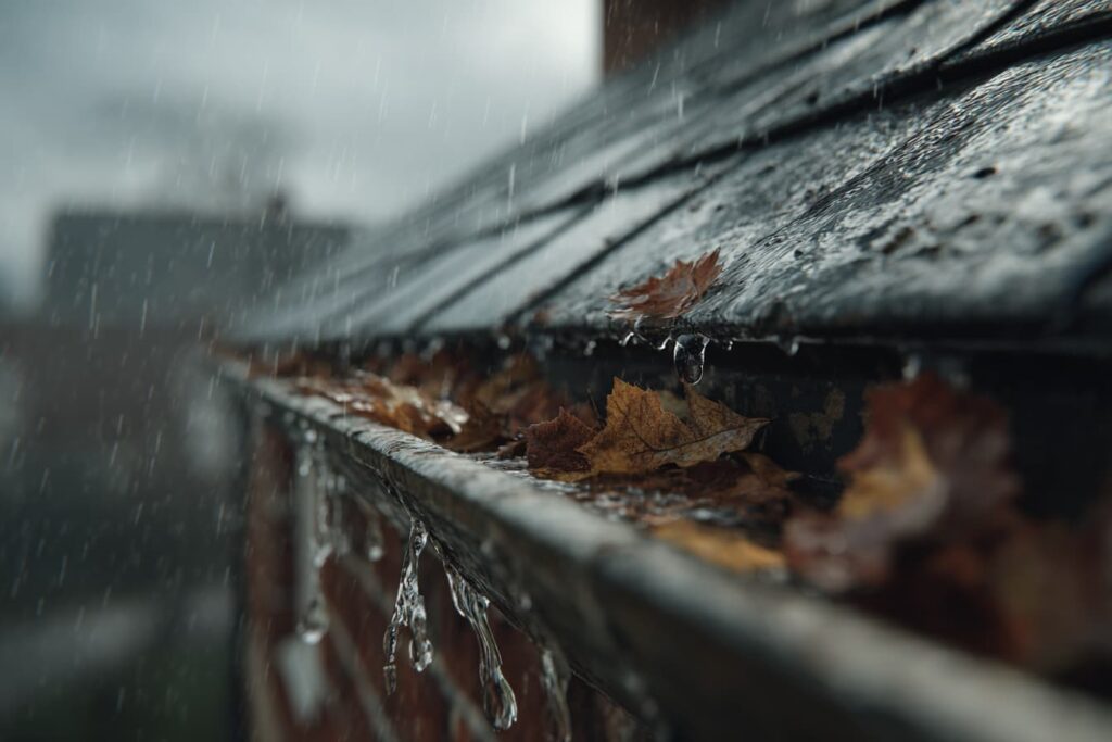 Blocked gutter overflowing in rain, common roof plumber repair issue
