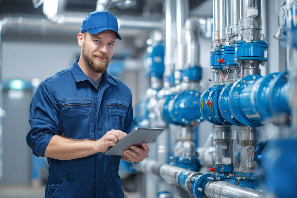 Plumber inspecting commercial building pipes during preventive maintenance