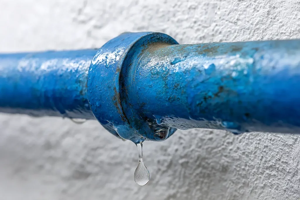 Close-up of leaking blue pipe joint, signs of burst pipe plumbing issue