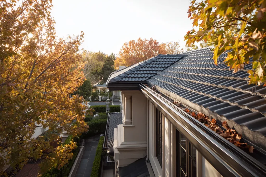 Autumn leaves clogging roof gutter, house exterior needs gutter cleaning