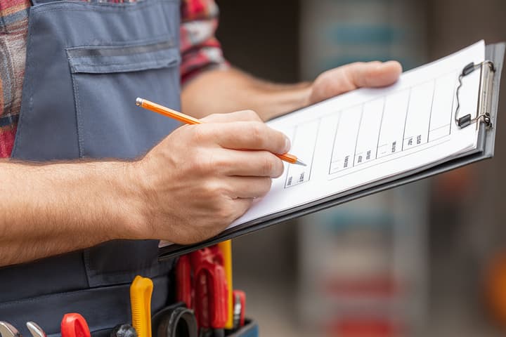 Plumber in uniform filling out plumbing maintenance inspection checklist on clipboard
