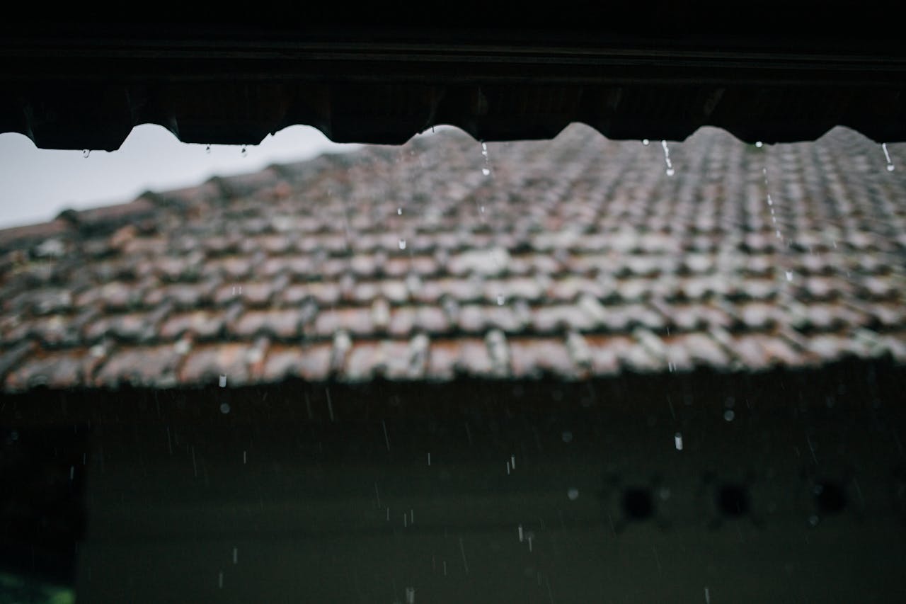 An old roof on a rainy day