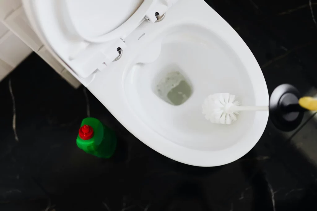 White toilet bowl with brush and cleaner bottle on tiled floor