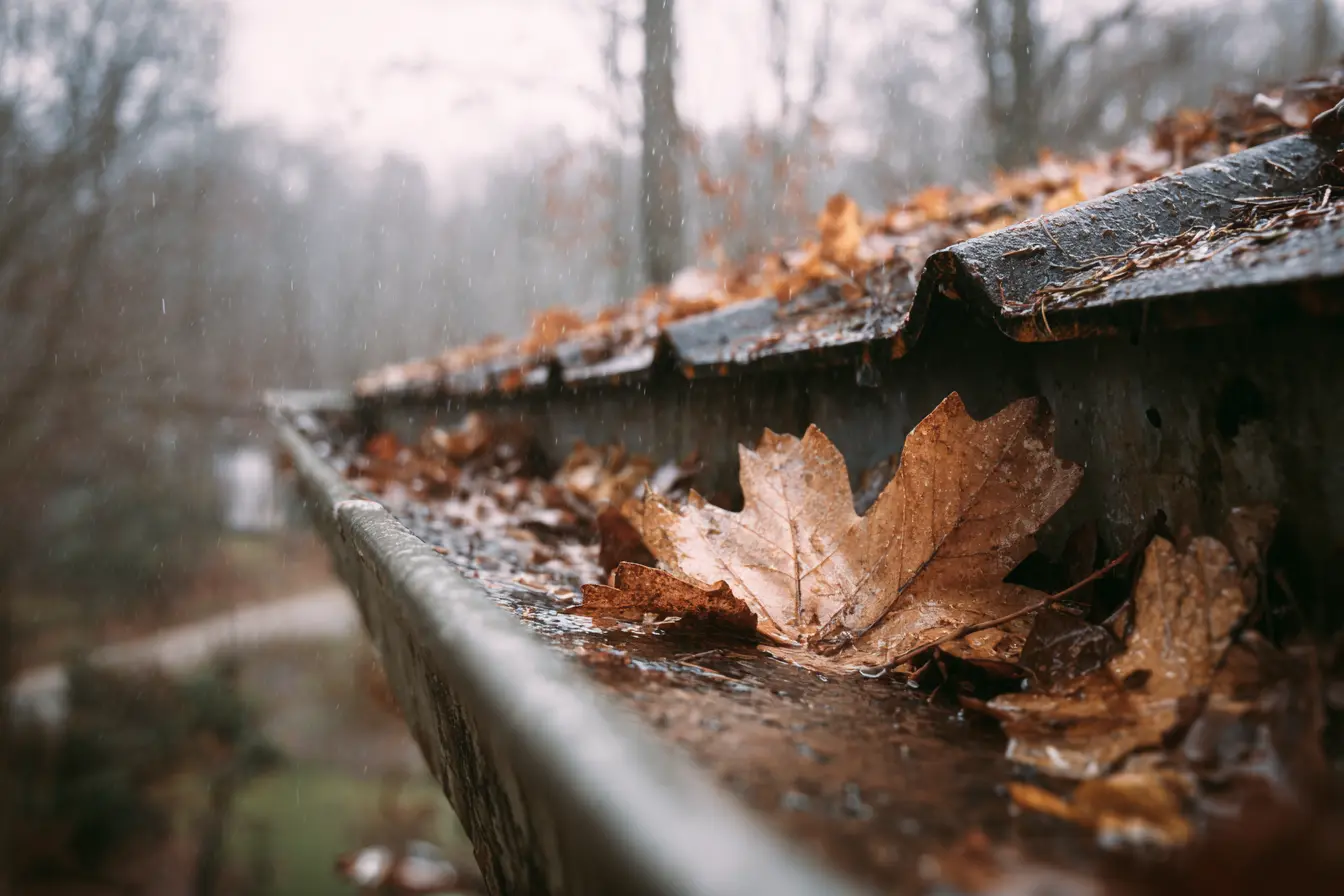 Clogged gutter holding rainwater and wet leaves