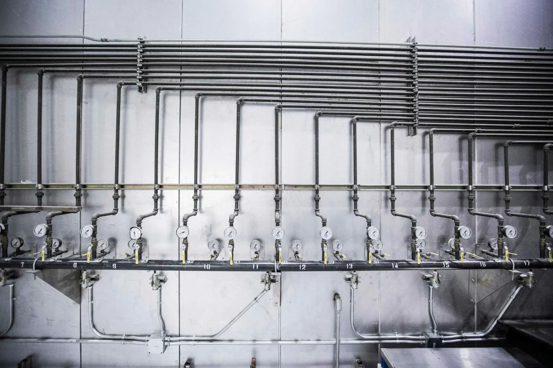 Commercial plumbing system with pressure gauges and pipe fittings