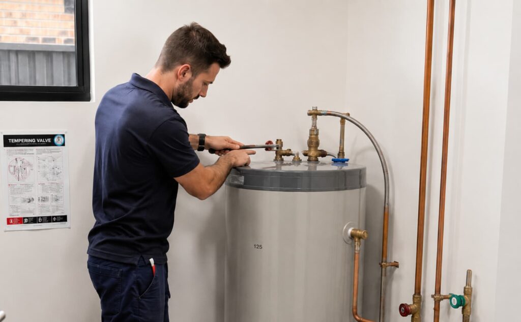 Plumbing technician servicing a hot water system