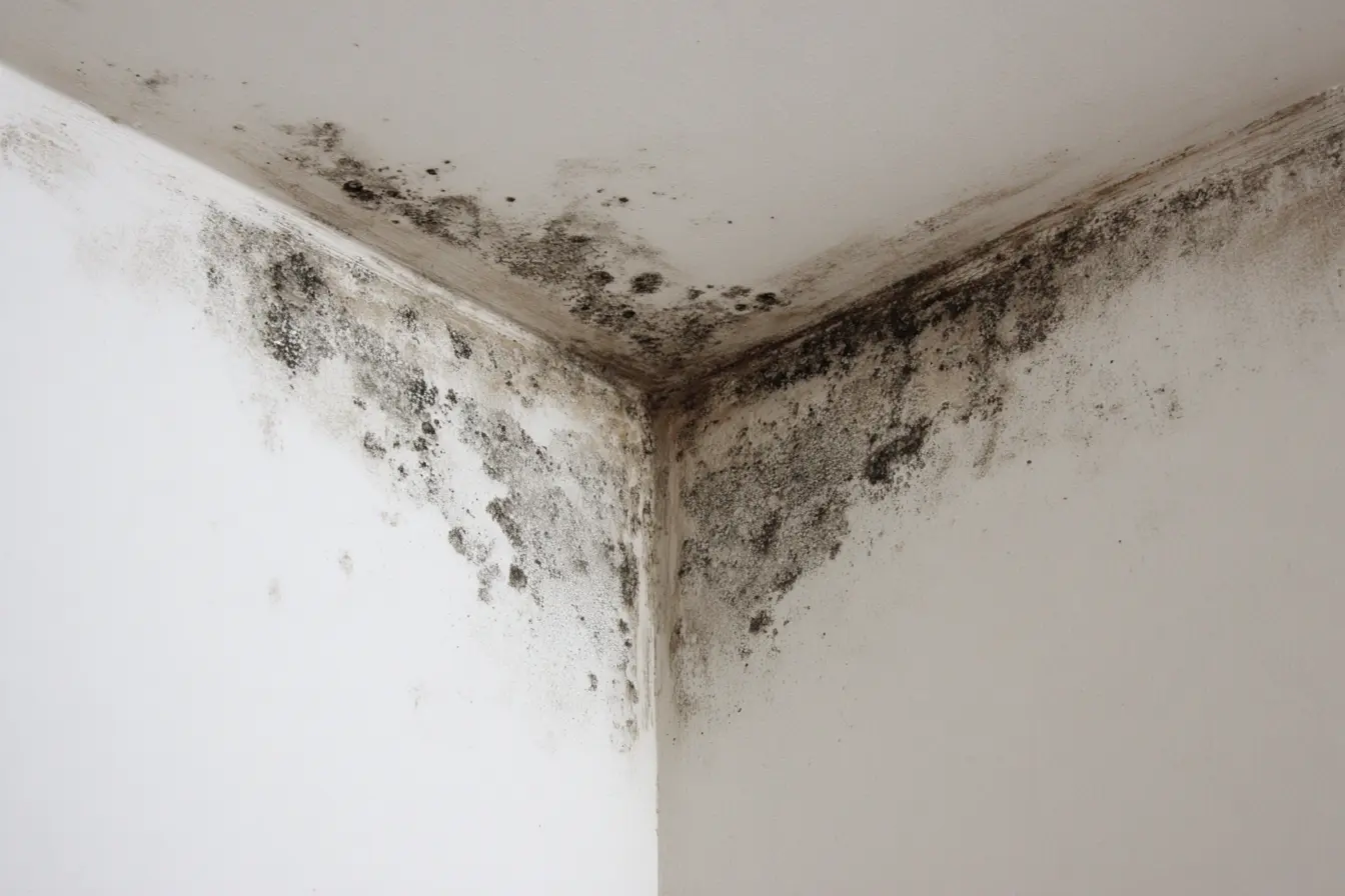 Black mould growing along a damp wall corner