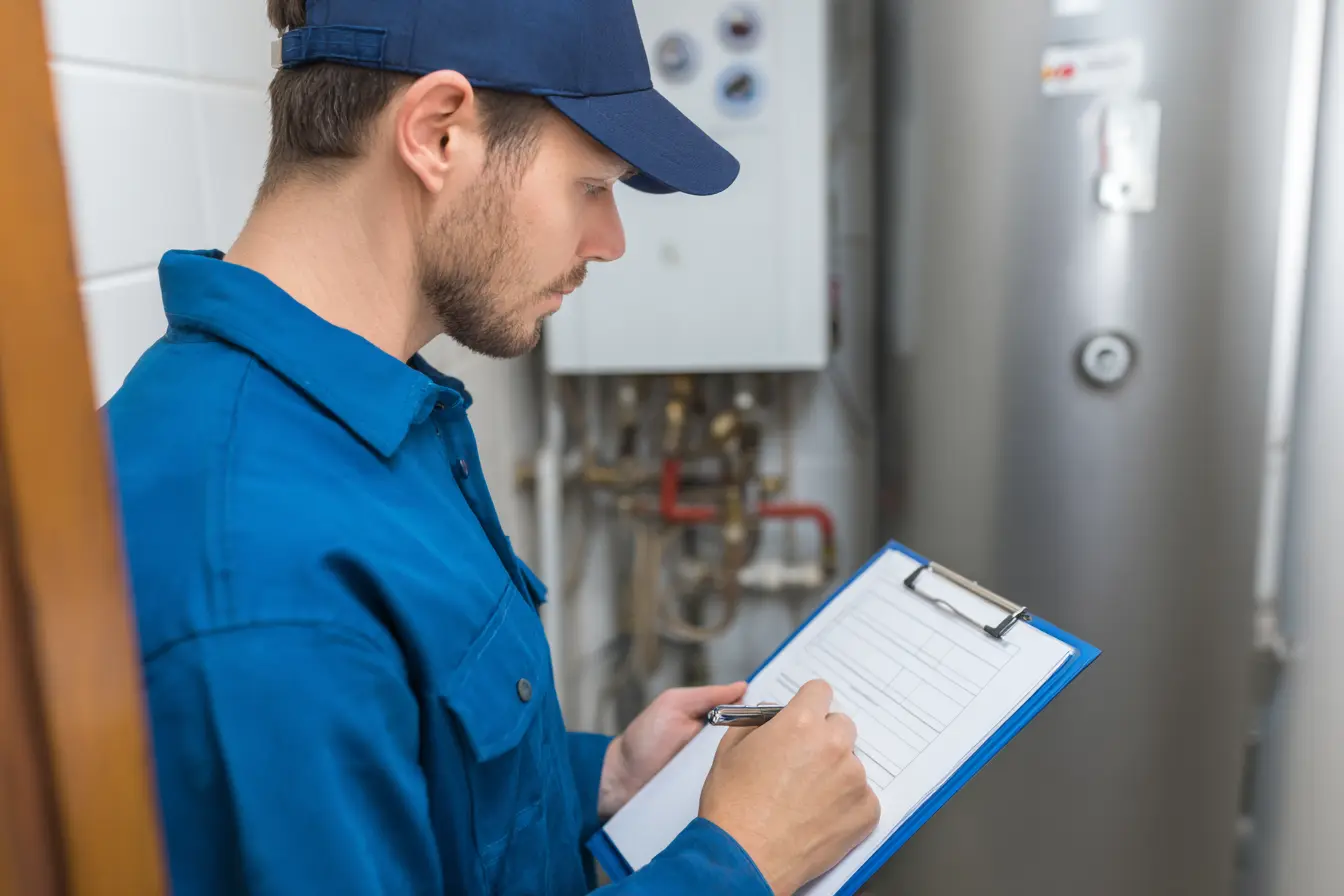 A plumber conducting a water heater inspection
