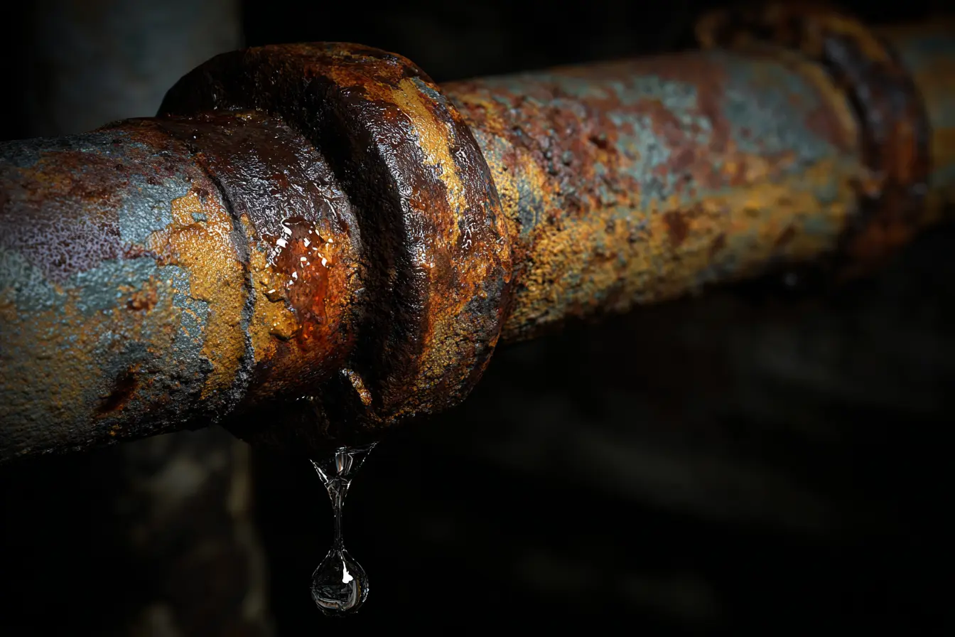 Water dripping from a corroded metal pipe