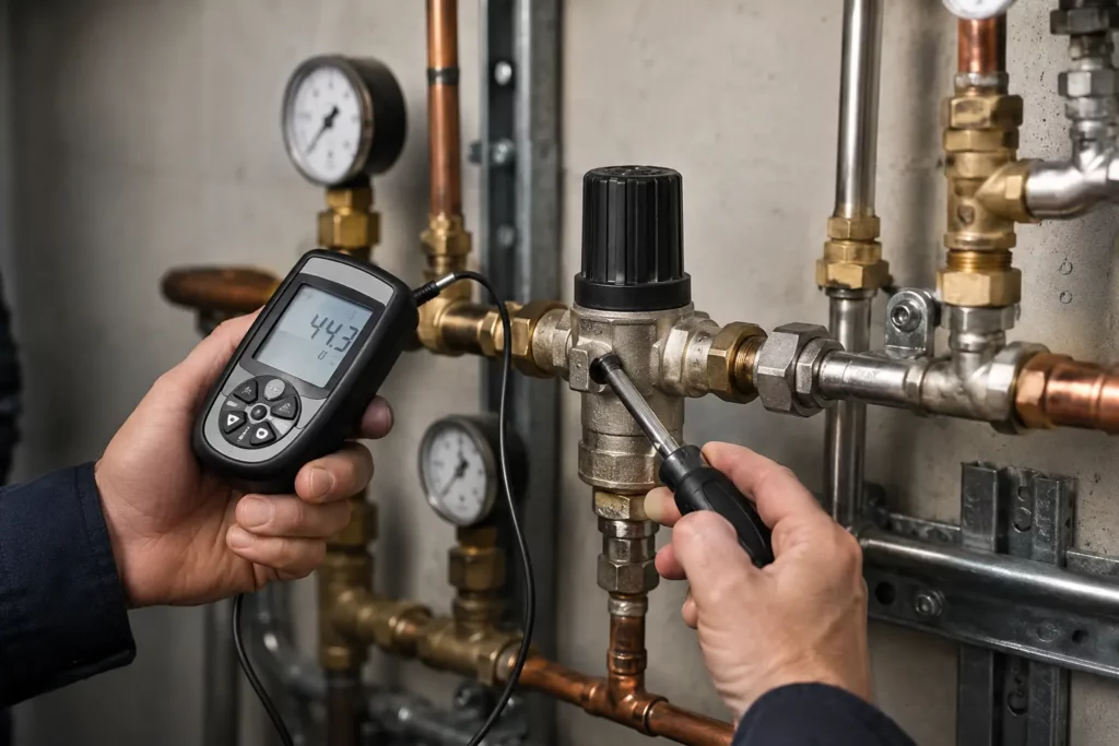 Plumber conducting TMV testing at an aged care facility