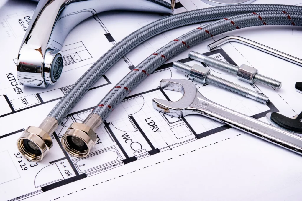 Residential floor plan with plumbing fixtures, hoses and tools for plumbing repair and maintenance