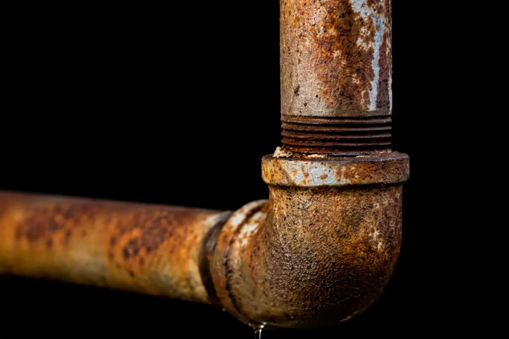 Corroded galvanised plumbing joint showing rust and drip
