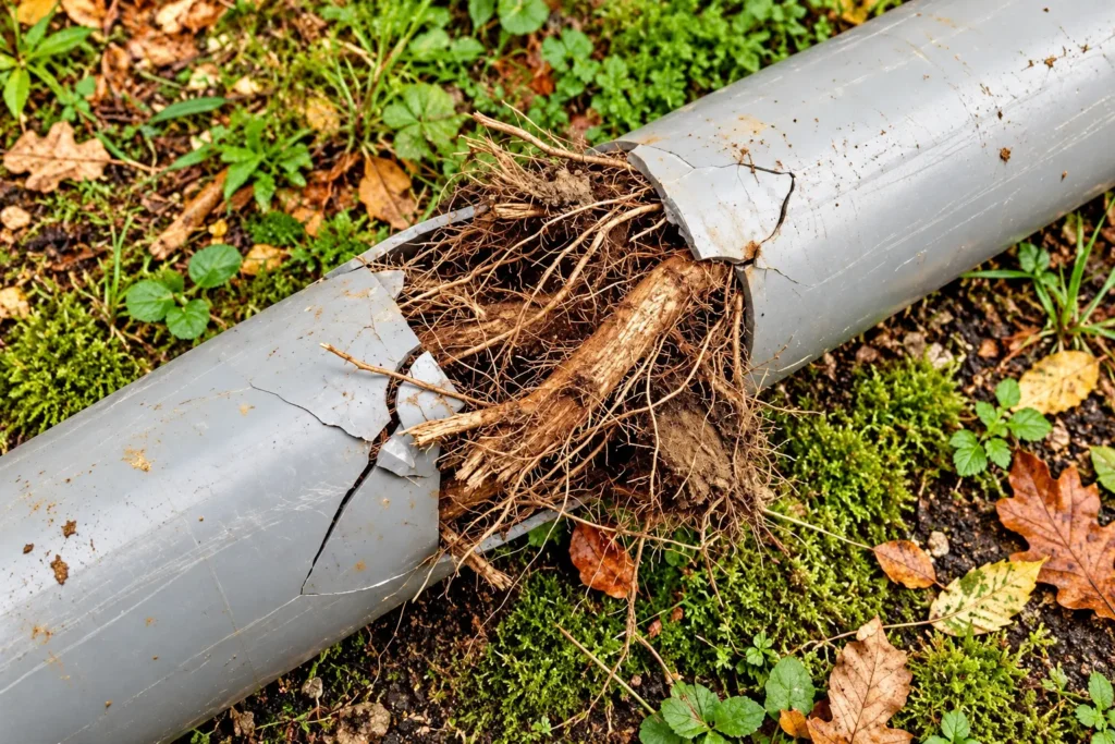 A damaged outdoor pipe lies split open, tightly packed with tree roots